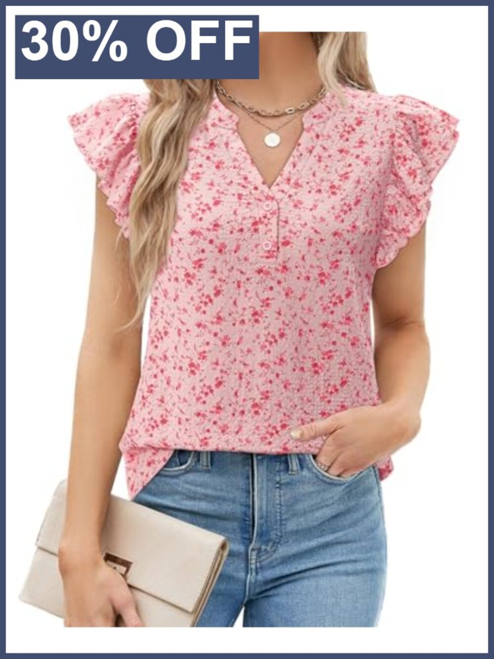 Flutter Ruffle Sleeve V-Neck Button Down Blouse Dressy Casual Business Top